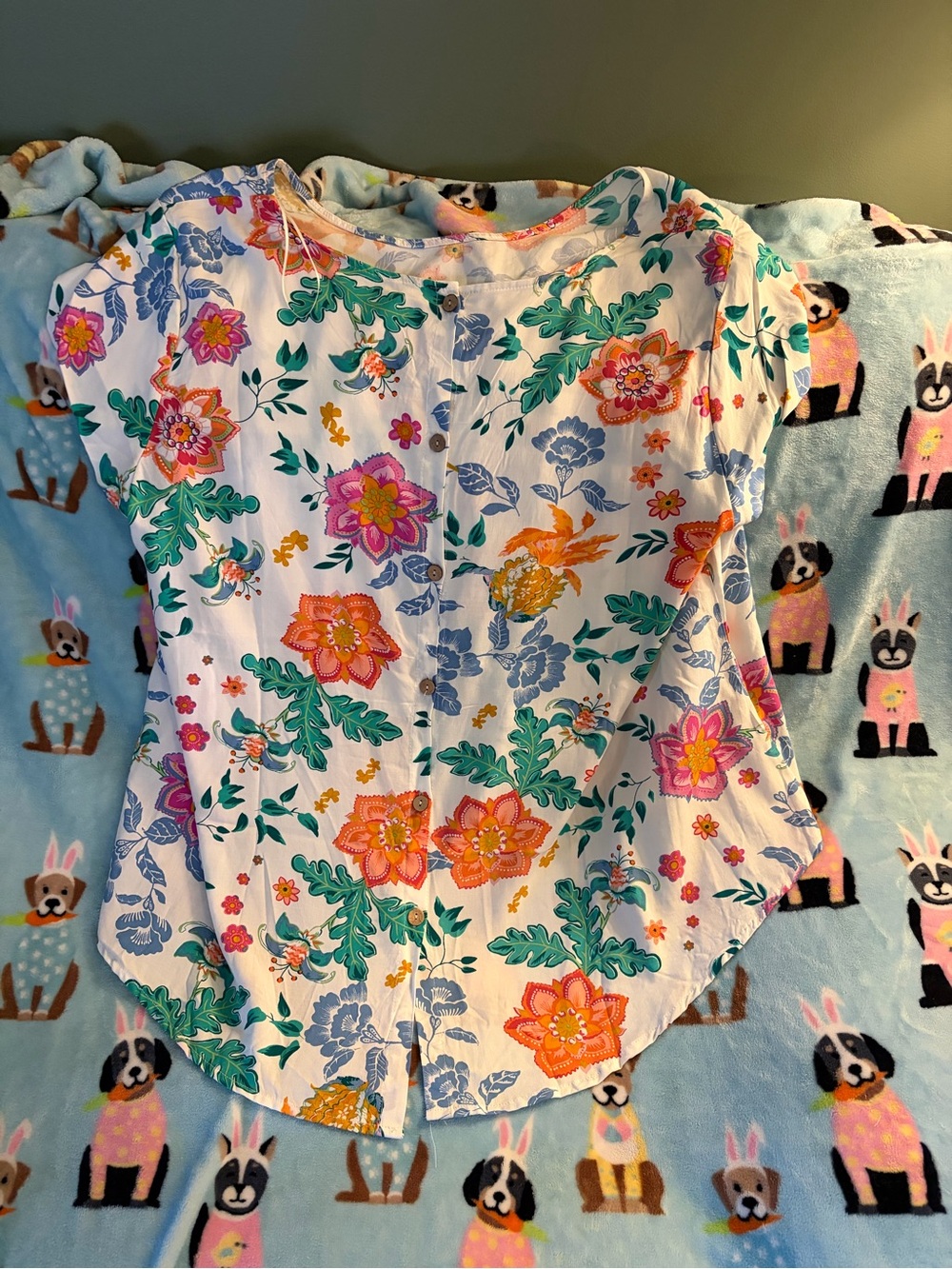 Floral Button-Front Top - White with Pink, Orange & Green Floral Print